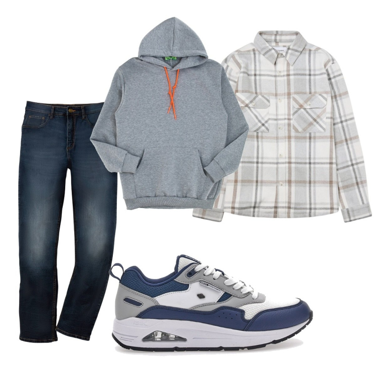 Outfit uomo - Total look #2057512. Stile Casual per Tutti i giorni. Abbinamento con jeans dritti, cappotti, felpe con cappuccio, sneakers.