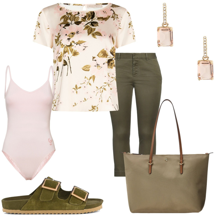 Outfit donna - Fuori dal centro del paese. Stile Casual chic per Tutti i giorni. Abbinamento con pantaloni, bluse, body, borse tote, orecchini, sandali.