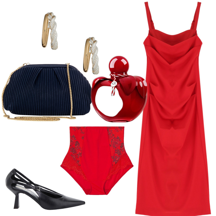 Outfit donna - L abito perfetto. Stile Glamour per Serata fuori. Abbinamento con culotte, profumi, décolleté, pochette, vestiti midi/longuette, orecchini.