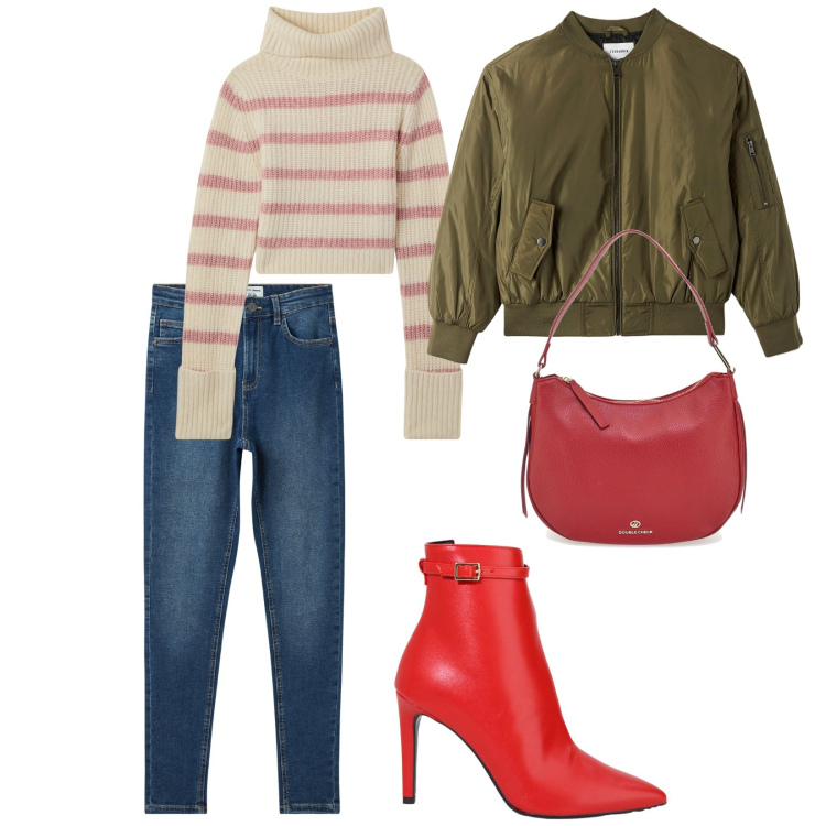 Outfit donna - Commissioni di sabato. per Tutti i giorni. Abbinamento con stivaletti, maglieria, bomber, jeans skinny, borse a tracolla.