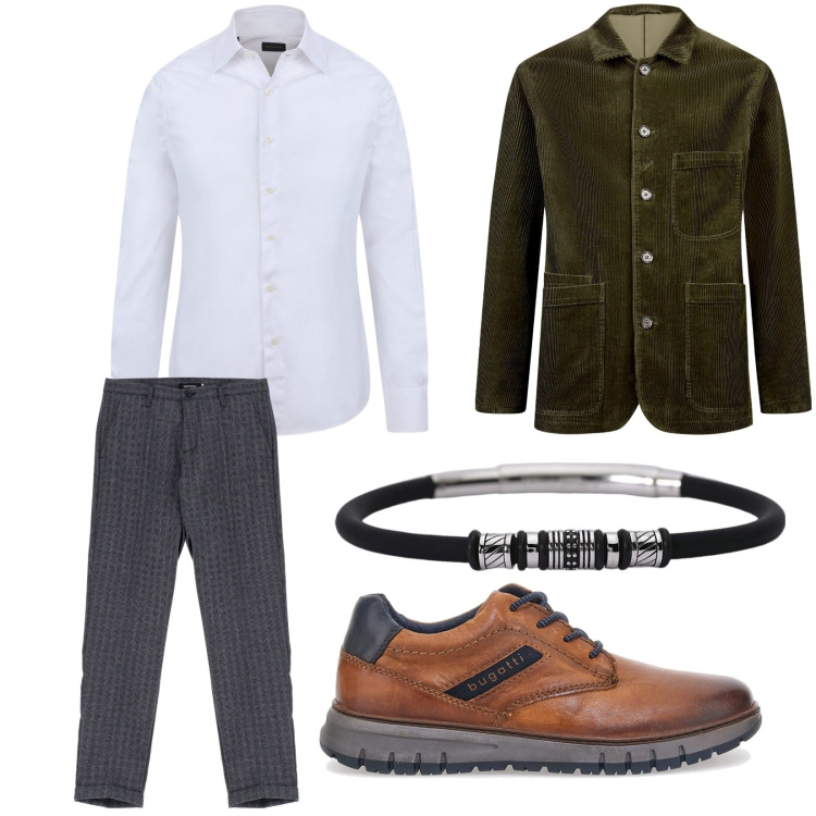 Outfit uomo - Giornata casual. Abbinamento con braccialetti, pantaloni, giacche, scarpe stringate, camicie.