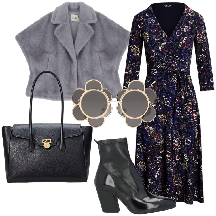 Outfit donna - Gli occhiali a fiori. Stile Glamour per Ufficio. Abbinamento con stivaletti, occhiali da sole, borse a mano, vestiti, blazer.