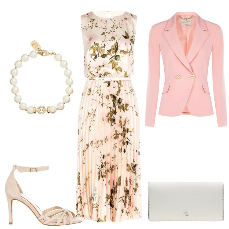 Outfit donna - Il vestito plissè. Stile Romantica per Cerimonia. Abbinamento con vestiti midi/longuette, blazer, sandali col tacco, braccialetti, portafogli.