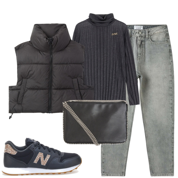 Outfit donna - City. Stile Casual per Tutti i giorni. Abbinamento con borse a tracolla, jeans mom, piumini, maglieria, sneakers.