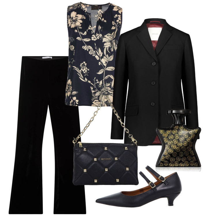 Outfit donna - Black Valentine. Stile Chic per Serata fuori. Abbinamento con top, profumi, leggings, décolleté, borse a spalla, blazer.