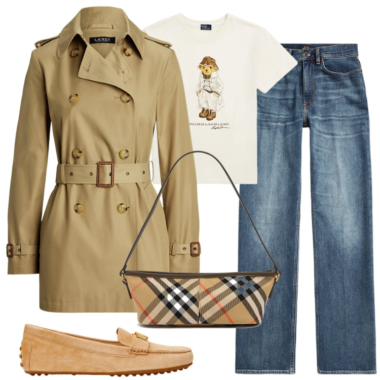 Outfit donna - Il trench corto. Stile Casual chic per Tutti i giorni. Abbinamento con trench, t-shirt, mocassini, jeans dritti, borse a mano.