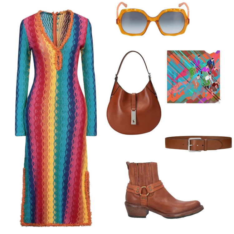 Outfit donna - Country. Stile Boho per Tutti i giorni. Abbinamento con vestiti midi/longuette, stivaletti texani, borse a spalla, cinture, foulard, occhiali da sole.