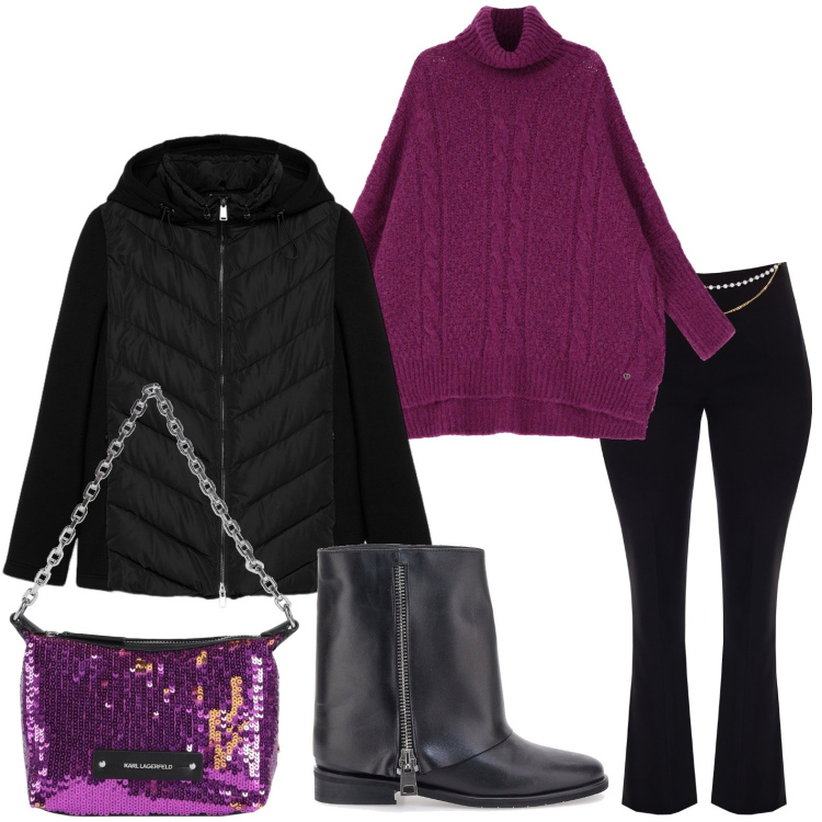 Outfit donna - Luminosa per la sera. Stile Casual chic per Serata fuori. Abbinamento con borse a mano, maglieria, pantaloni, stivaletti, piumini.