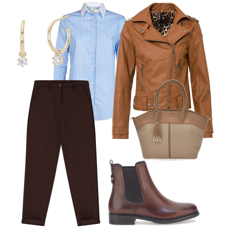 Outfit donna - Ci vado in ufficio. per Ufficio. Abbinamento con blazer, orecchini, pantaloni, stivaletti, borse tote, camicie.