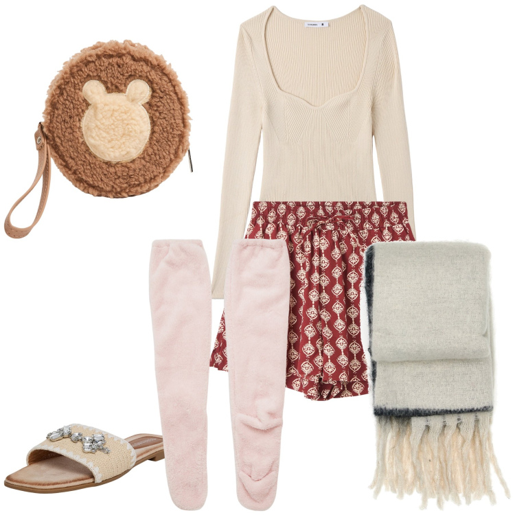 Outfit donna - Fuori nevica in casa caldissimo. Stile Basic per Tutti i giorni. Abbinamento con shorts, ciabatte, maglieria, calzini, portafogli, sciarpe.