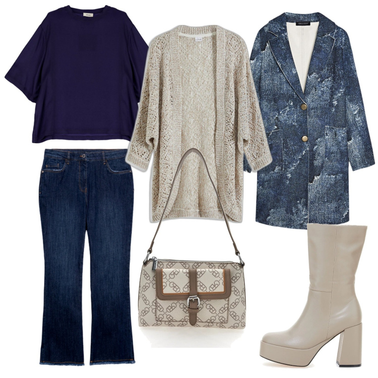 Outfit donna - Total look #2057546. Stile Trendy per Ufficio. Abbinamento con cardigans, maglieria, stivali, jeans a zampa, cappotti, borse a spalla.