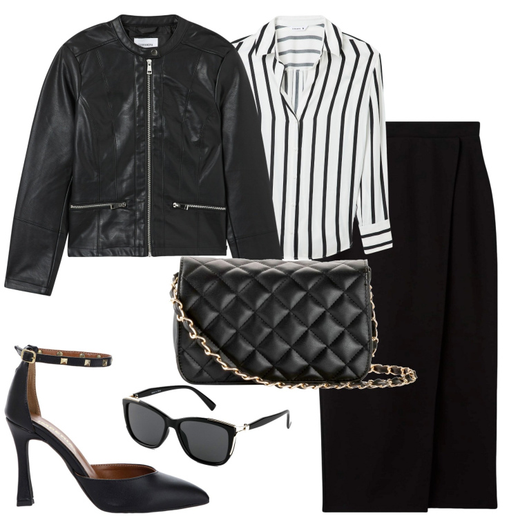 Outfit donna - City. Stile Minimal per Tutti i giorni. Abbinamento con borse a tracolla, occhiali da sole, gonne longuette, camicie, blazer, décolleté.