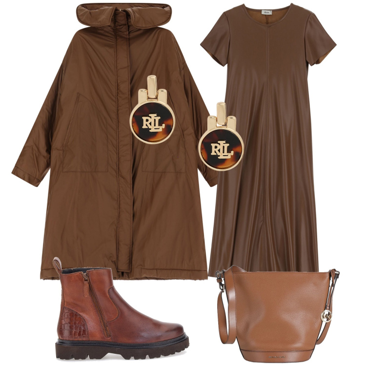 Outfit donna - I love chocolate. Stile Urban per Ufficio. Abbinamento con borse a spalla, parka, vestiti, orecchini, stivaletti.