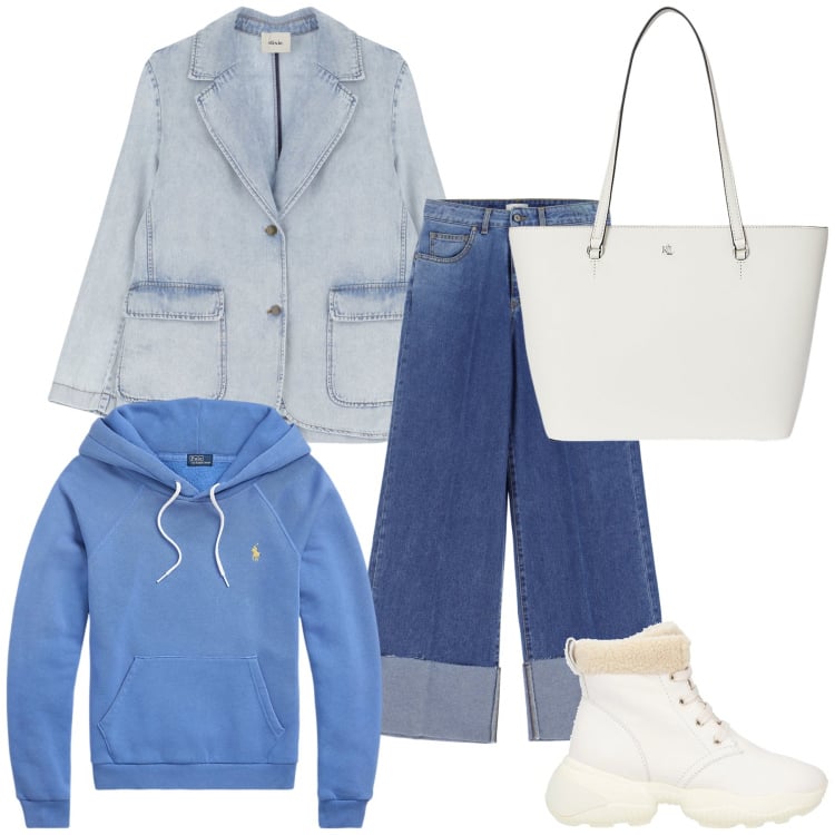 Outfit donna - Pomeriggio di neve in centro. Stile Trendy per Tutti i giorni. Abbinamento con stivaletti, jeans, blazer, felpe con cappuccio, borse tote.