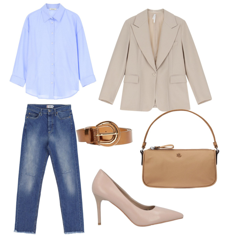 Outfit donna - Sporty chic. Stile Sporty chic per Tutti i giorni. look ideale per Tall. Abbinamento con décolleté, jeans dritti, blazer, camicie, pochette, cinture.