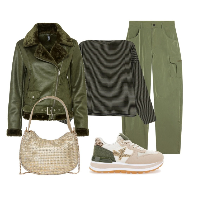 Outfit donna - Comodamente in verde. Stile Casual per Tutti i giorni. Abbinamento con blazer, borse a spalla, pantaloni cargo, maglieria, sneakers.