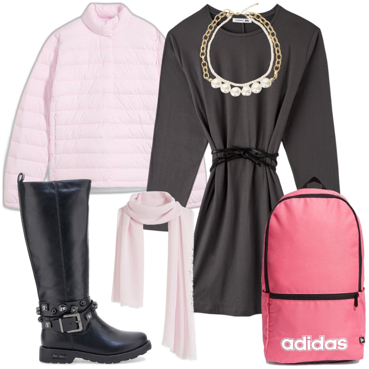 Outfit donna - Lo zaino pratico. Stile Casual chic per Scuola/Università. Abbinamento con giacche, sciarpe, vestiti midi/longuette, collane, stivali sopra il ginocchio, zaini.