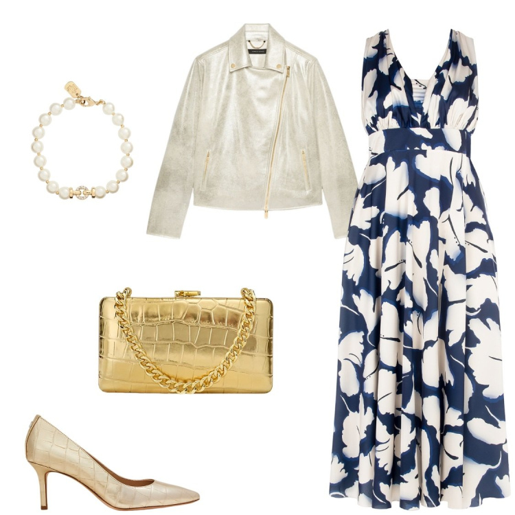 Outfit donna - Abito fiori bianchi. Stile Chic per Serata fuori. Abbinamento con vestiti lunghi, braccialetti, décolleté, clutch, blazer.