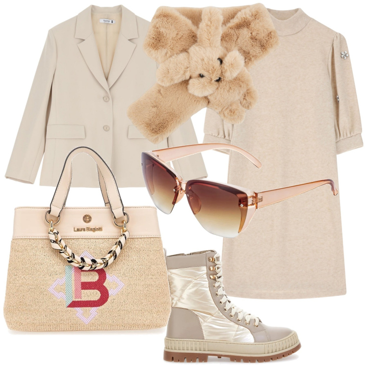Outfit donna - Beige in ufficio. Stile Bon Ton per Ufficio. Abbinamento con occhiali da sole, sciarpe, blazer, vestiti corti, stivaletti, borse a mano.