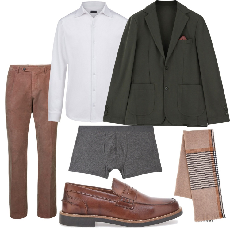 Outfit uomo - Look da ufficio. Stile Trendy per Ufficio. Abbinamento con boxer, giacche, sciarpe, pantaloni, scarpe stringate, polo.