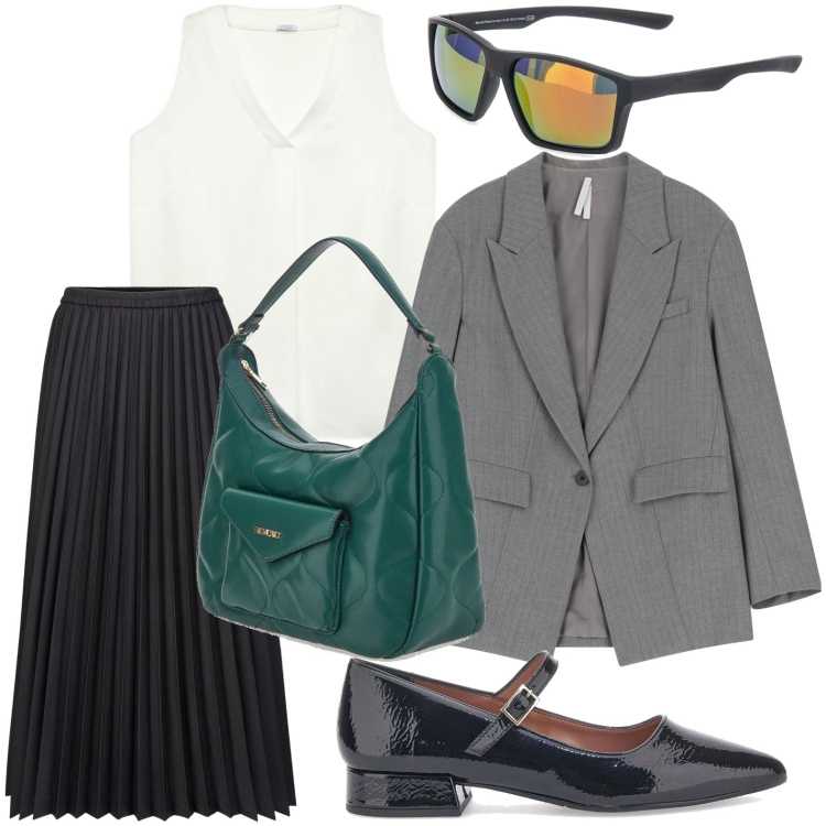 Outfit donna - Raffinata. Stile Glamour per Ufficio. Abbinamento con blazer, gonne longuette, top, borse a spalla, ballerine, occhiali da sole.
