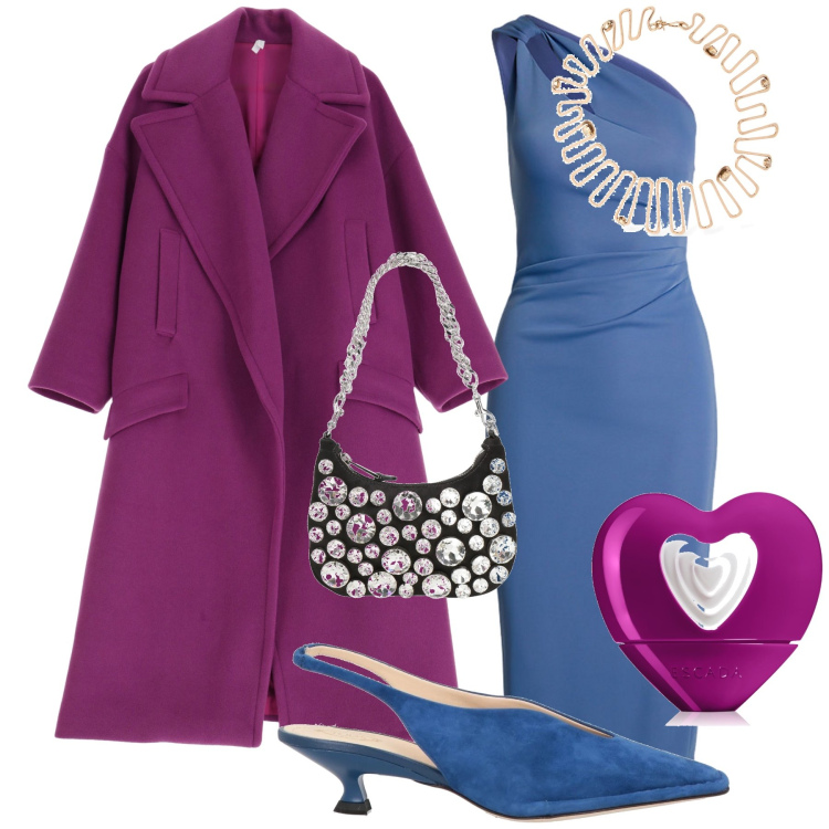 Outfit donna - Premiere. Stile Glamour per Serata fuori. Abbinamento con borse a mano, décolleté, profumi, cappotti, vestiti asimmetrici, collane.