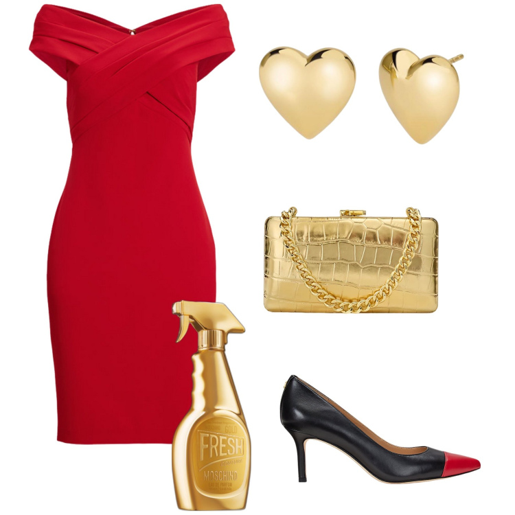 Outfit donna - Semplicemente San Valentino. Stile Glamour per Serata fuori. Abbinamento con profumi, orecchini, vestiti, clutch, décolleté.