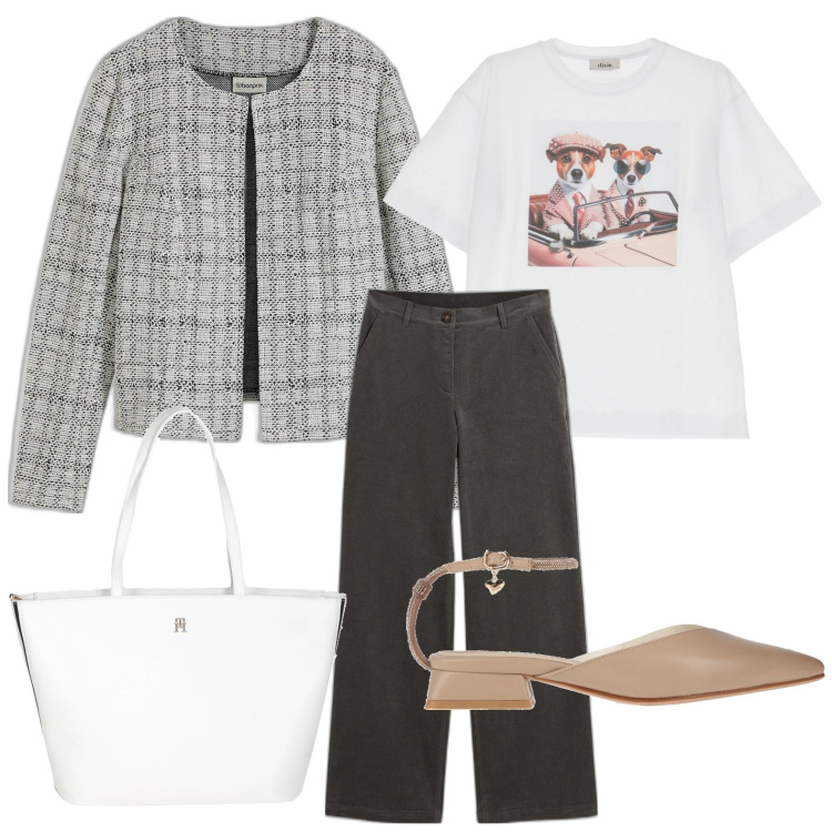 Outfit donna - Easy. Stile Bon Ton per Ufficio. Abbinamento con cardigans, pantaloni, ballerine, borse a mano, t-shirt.