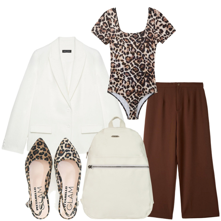 Outfit donna - Lo zaino intelligente. Stile Casual per Ufficio. Abbinamento con body, pantaloni, zaini, ballerine, blazer.