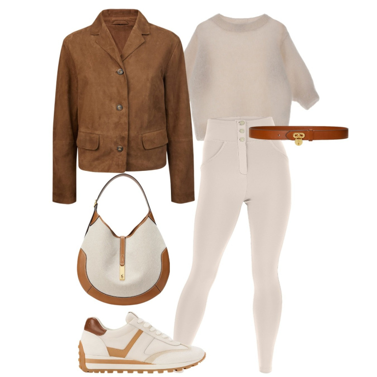 Outfit donna - Comodità e stile. Stile Casual chic per Tutti i giorni. Abbinamento con maglieria, pantaloni skinny, cinture, sneakers, borse a spalla, blazer.