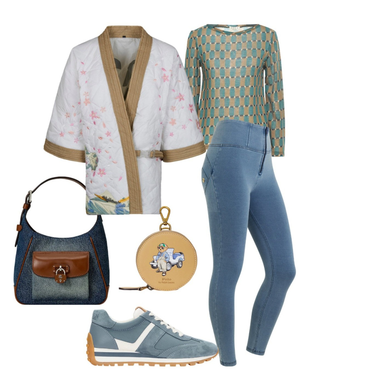 Outfit donna - Comodità e stile 2. Stile Casual chic per Tutti i giorni. Abbinamento con pullovers, kimono, jeggings, sneakers, portamonete, borse a tracolla.