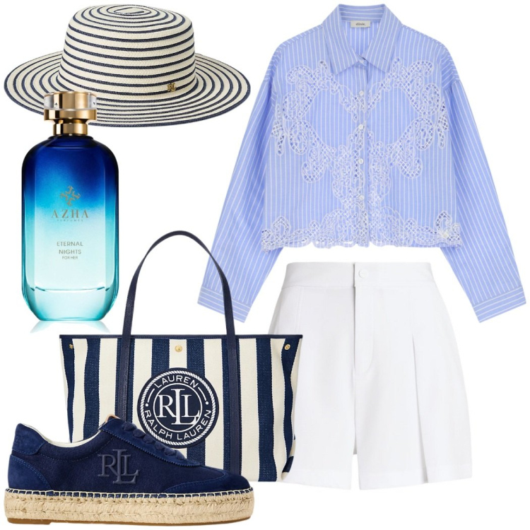 Outfit donna - Vacanza a Capri. Stile Bon Ton per Mare. Abbinamento con profumi, camicie, minigonne, cappelli, borse tote, sneakers.