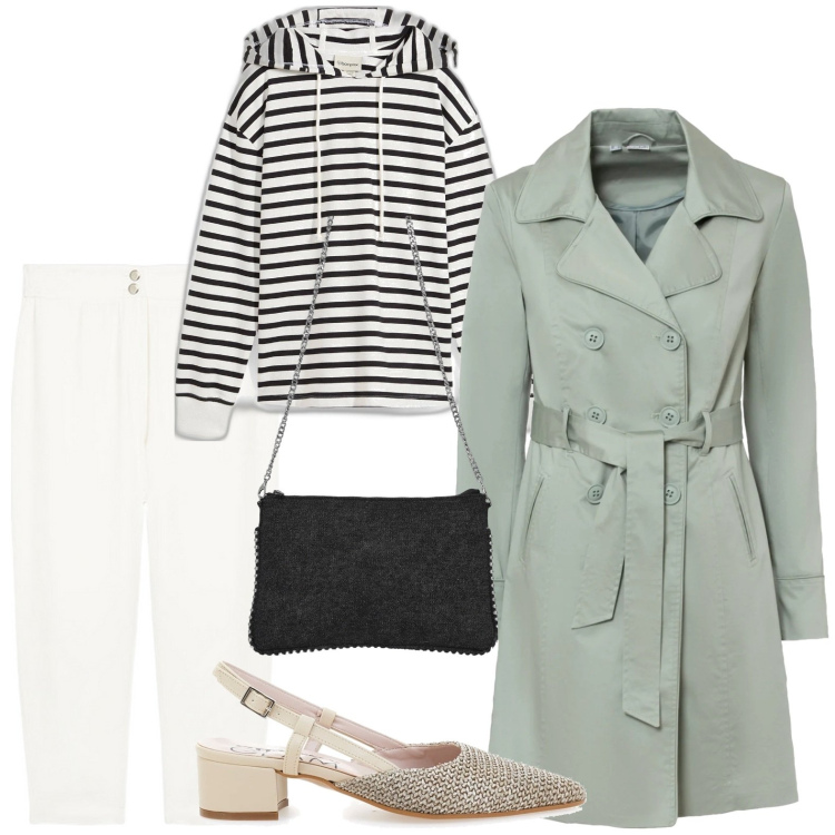 Outfit donna - Trench verde pastello. Stile Bon Ton per Ufficio. Abbinamento con trench, felpe con cappuccio, borse a tracolla, ballerine, pantaloni.