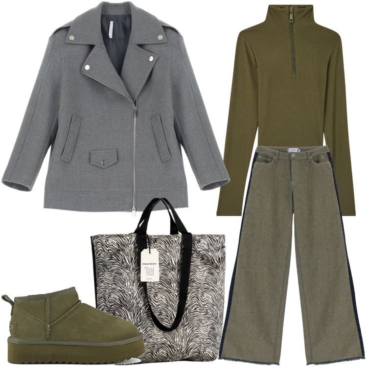 Outfit donna - A spasso per la città. Stile Casual chic per Tutti i giorni. Abbinamento con t-shirt, borse tote, jeans a zampa, blazer, stivaletti.