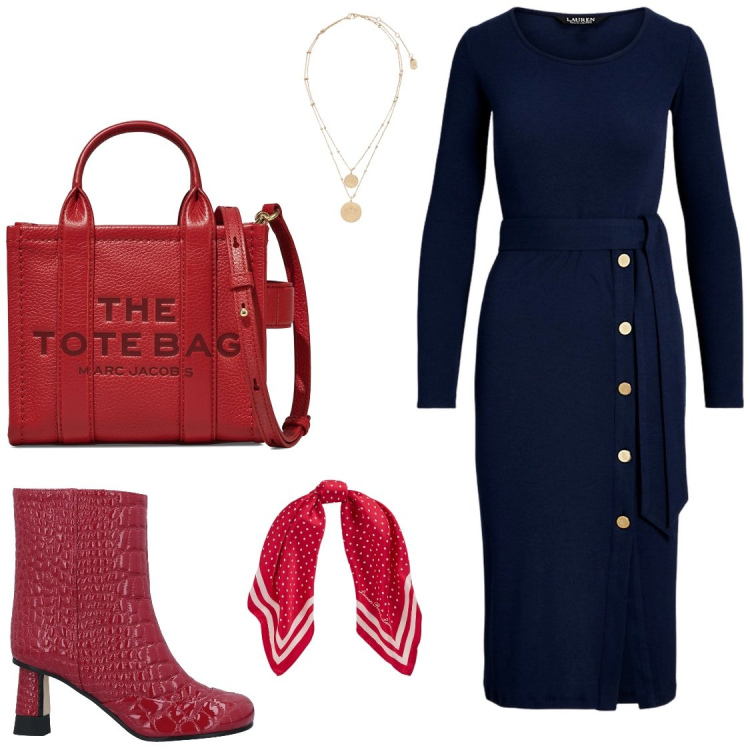 Outfit donna - Chic superaccessoriata. Stile Chic per Serata fuori. Abbinamento con stivaletti, ciondoli, vestiti, foulard, borse a tracolla.