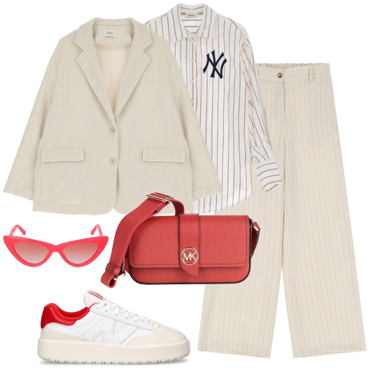 Outfit donna - City. Stile Sporty chic per Tutti i giorni. Abbinamento con borse a tracolla, pantaloni a palazzo, blazer, camicie, occhiali da sole, sneakers.