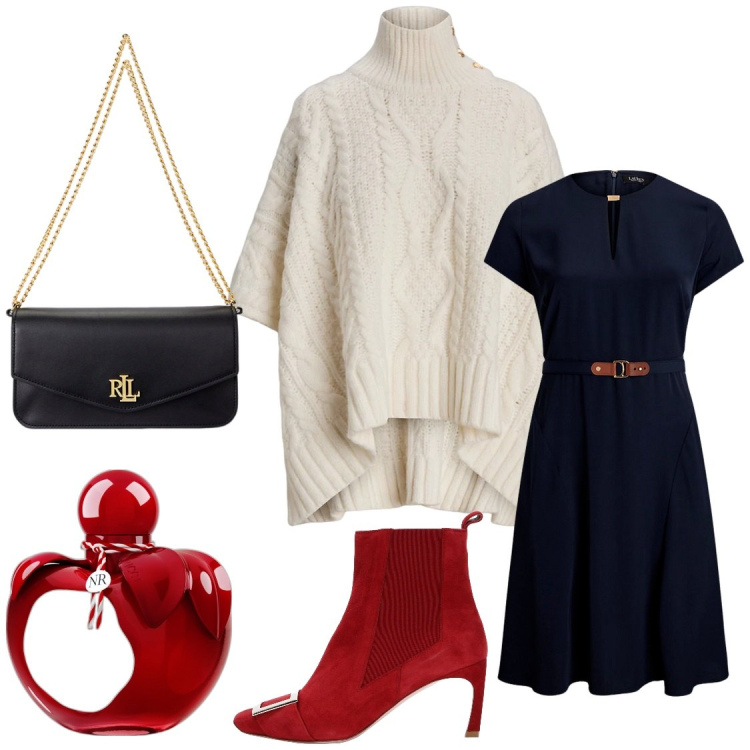 Outfit donna - Stivaletto rosso. Stile Chic per Serata fuori. Abbinamento con stivaletti, profumi, vestiti, cappotti, borse a spalla.