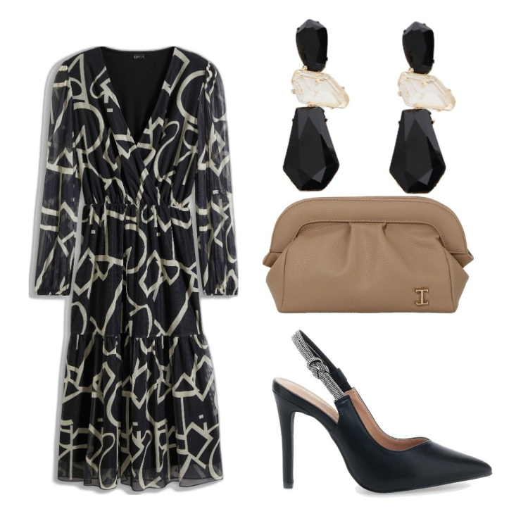 Outfit donna - Beige and black. Stile Casual chic per Serata fuori. Abbinamento con vestiti midi/longuette, borse a mano, orecchini, décolleté.