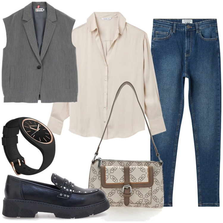 Outfit donna - In ufficio. Stile Mannish per Ufficio. Abbinamento con camicie, jeans skinny, gilet, orologi, mocassini, borse a spalla.