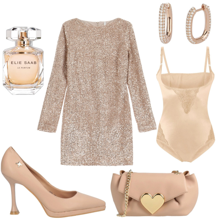 Outfit donna - Serata chic sexy. Stile Glamour per Serata fuori. Abbinamento con body, borse a tracolla, décolleté, profumi, orecchini, vestiti corti.