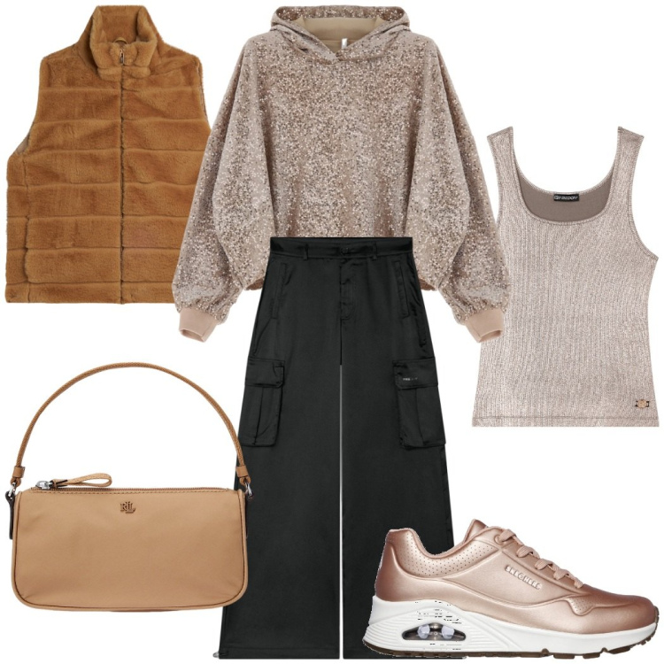 Outfit donna - Colore dell\' anno. Stile Glamour per Serata fuori. Abbinamento con felpe con cappuccio, gilet, pantaloni cargo, canottiere, pochette, sneakers.