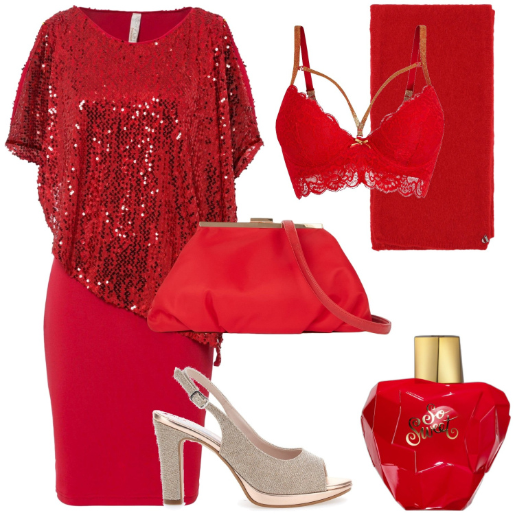 Outfit donna - San Valentino. Stile Romantica per Serata fuori. Abbinamento con vestiti, reggiseni, profumi, stole, décolleté, pochette.