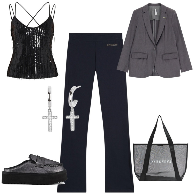Outfit donna - Rilassata chic. Stile Casual chic per Serata fuori. Abbinamento con shopping bag, orecchini, top, blazer, pantaloni, mocassini.