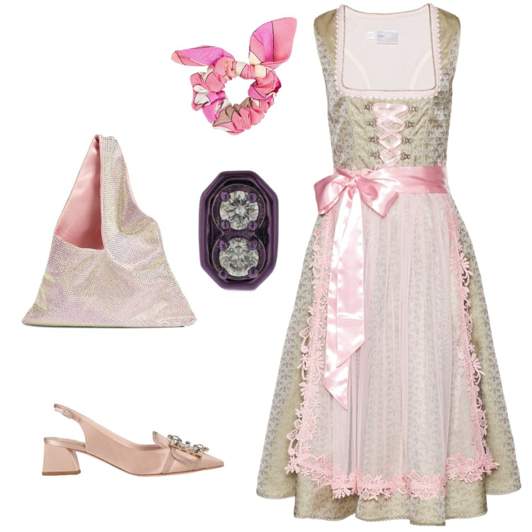Outfit donna - Novella Colombina. Stile Vintage retrò per Serata fuori. Abbinamento con vestiti, décolleté, borse a spalla, orecchini, accessori per capelli.