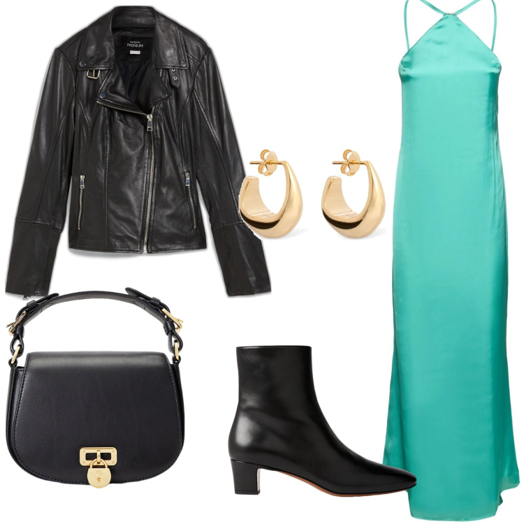Outfit donna - Serata in lungo. Stile Rock per Serata fuori. Abbinamento con blazer, borse a tracolla, stivaletti, vestiti, orecchini.