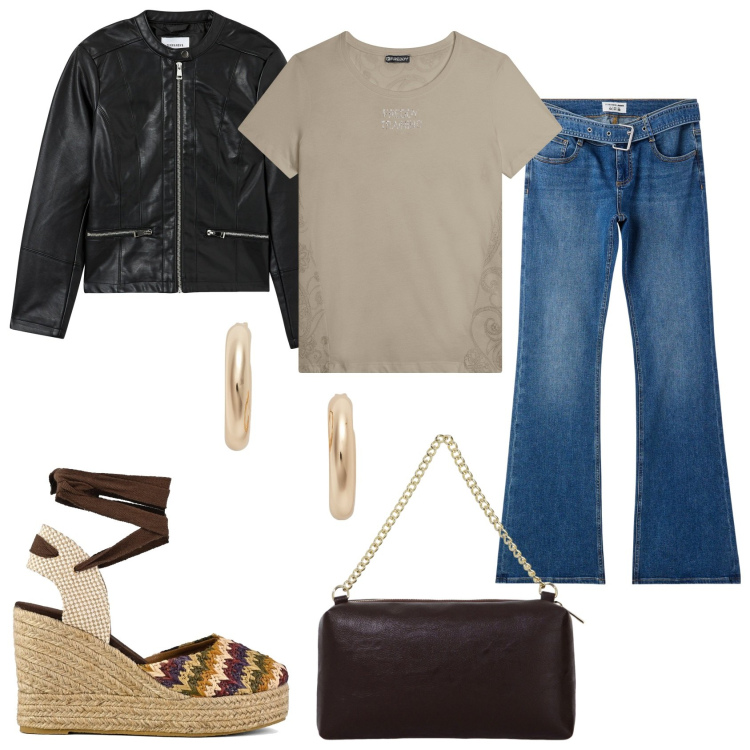 Outfit donna - Casual in jeans. Stile Casual per Tutti i giorni. Abbinamento con jeans a zampa, blazer, t-shirt, borse a tracolla, orecchini, sandali col tacco.