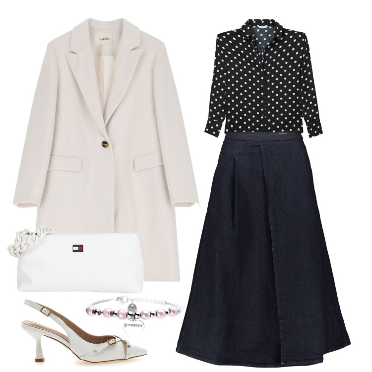 Outfit donna - Anni \'50. Stile Vintage retrò per Ufficio. Abbinamento con borse a mano, camicie, braccialetti, cappotti, décolleté, gonne longuette.