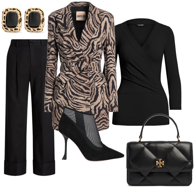 Outfit donna - Invito a cena. Stile Chic per Serata fuori. Abbinamento con blazer, stivaletti, top, pantaloni, borse a mano, orecchini.