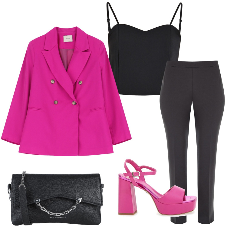 Outfit donna - Fuxia girl. Stile Chic per Serata fuori. Abbinamento con borse a tracolla, pantaloni, top, blazer, sandali col tacco.