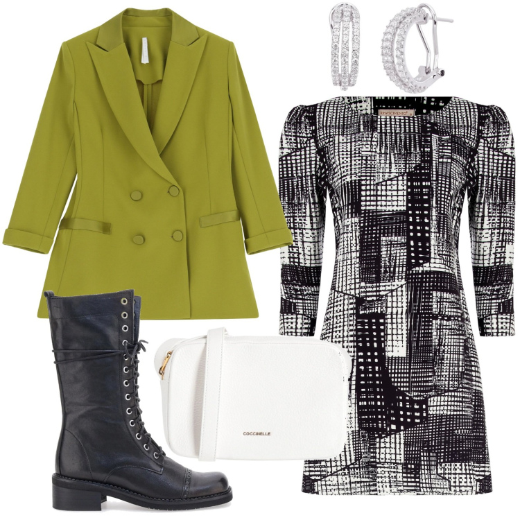 Outfit donna - Versione urban. Stile Glamour per Serata fuori. Abbinamento con borse a tracolla, orecchini, vestiti a tubino, blazer, anfibi.